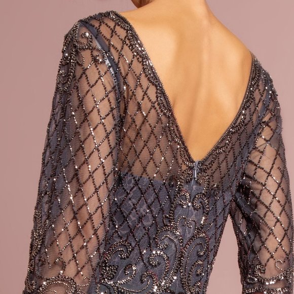 NEW CHARCOAL GRAY MOTHER OF BRIDE  Illusion Sweetheart Neck A-Line Dress GL2686 - Picture 4 of 7